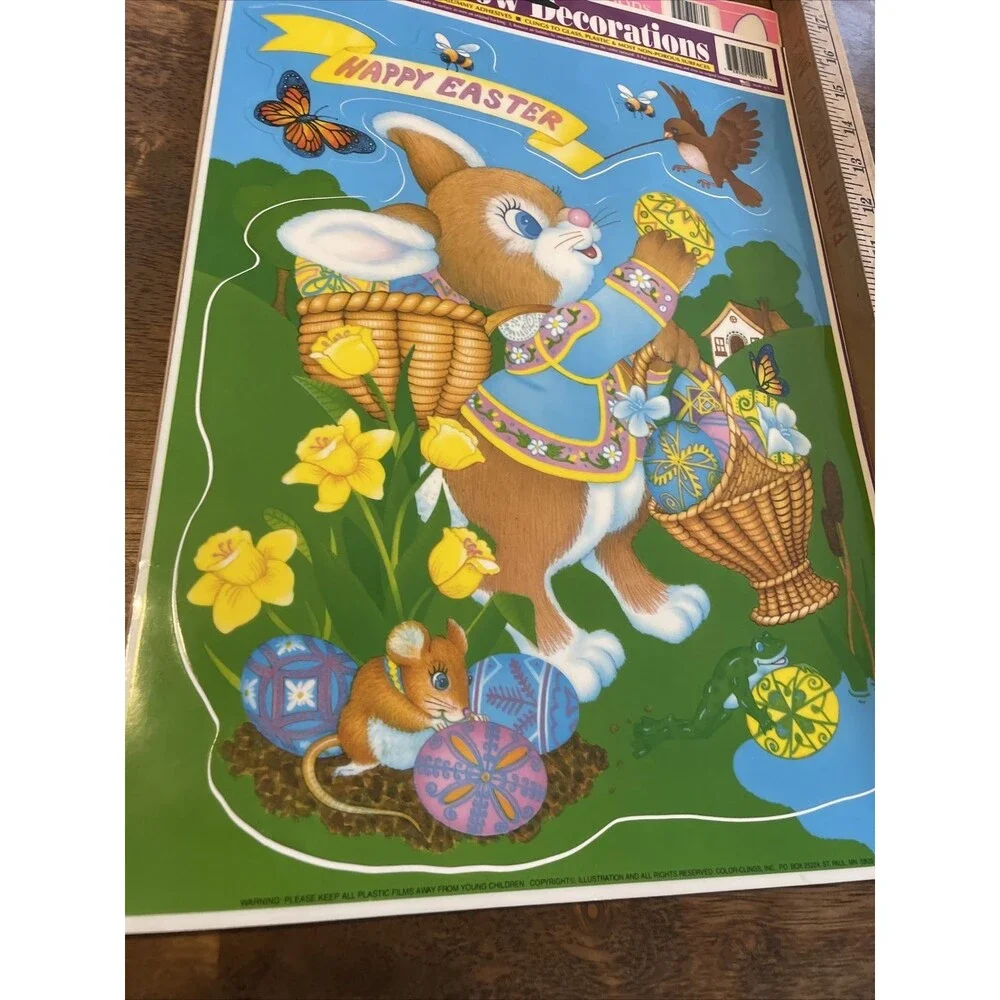 5 Vintage Easter Spring Vinyl Window Clings Bunny Colorful Eggs Birds Artist
